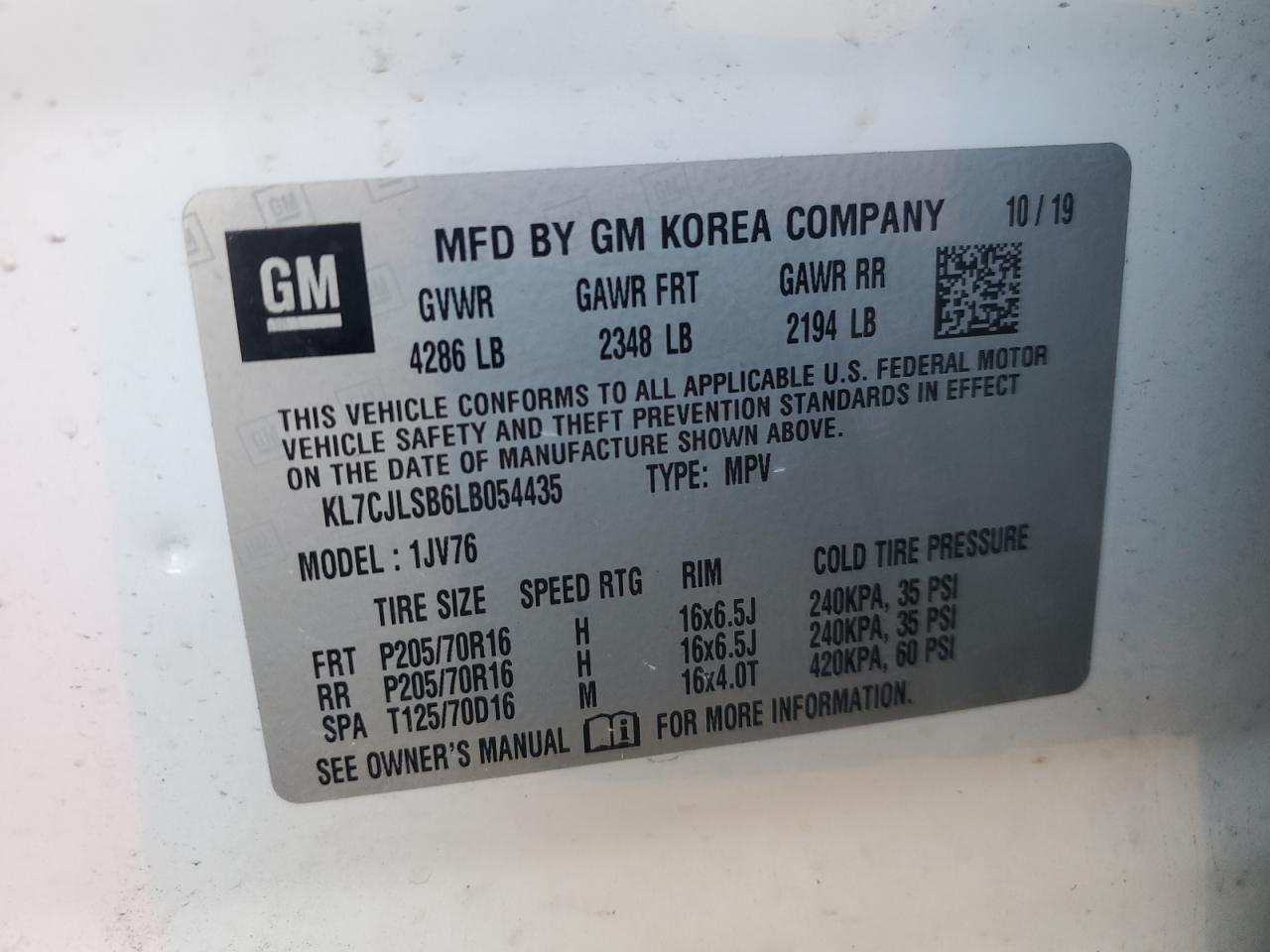 2020 Chevrolet Trax 1Lt VIN: KL7CJLSB6LB054435 Lot: 91453205