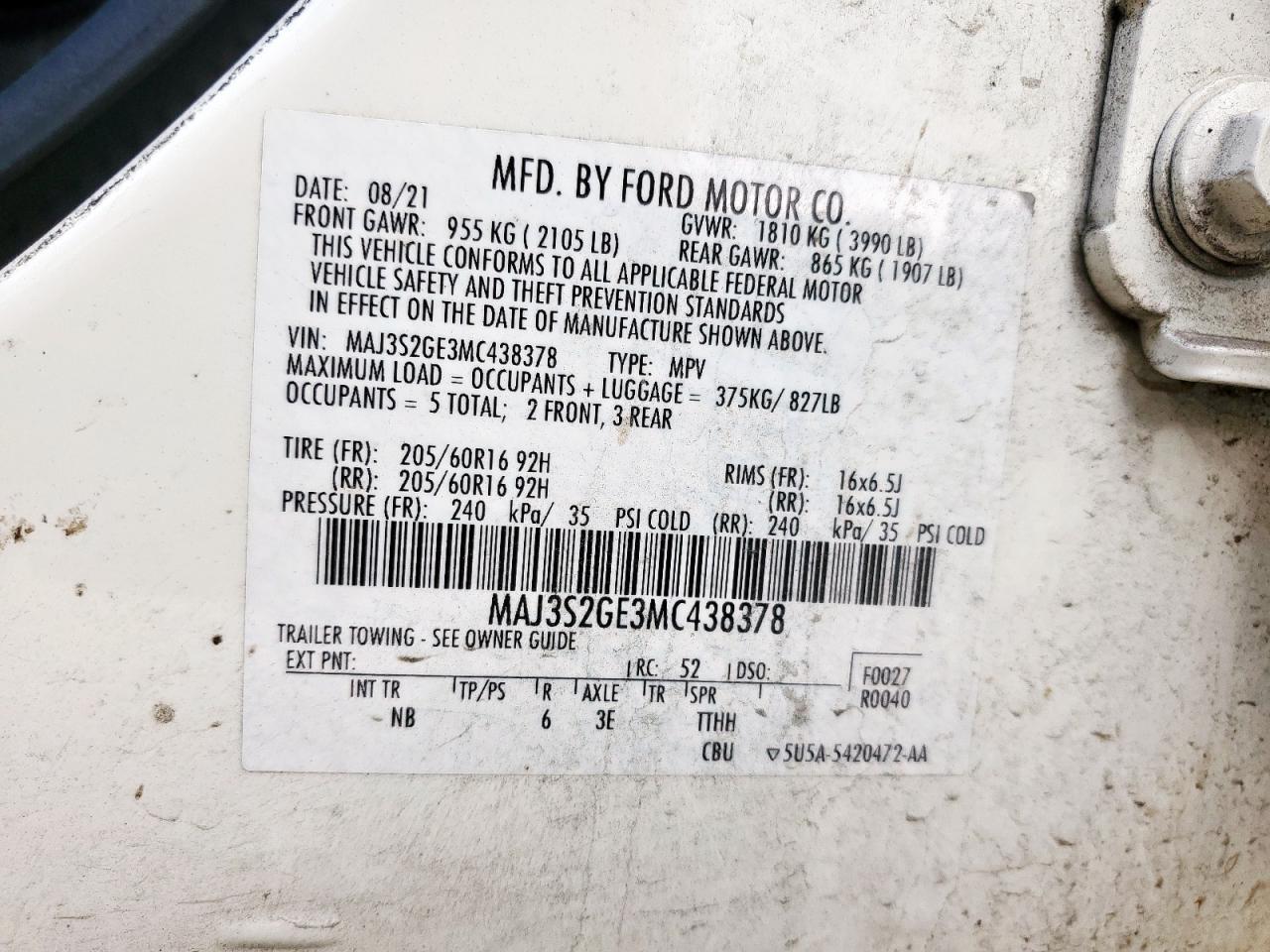 2021 Ford Ecosport Se VIN: MAJ3S2GE3MC438378 Lot: 92484165