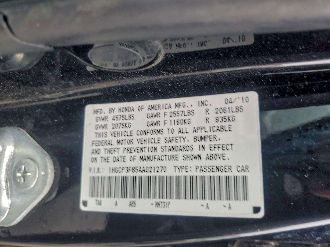 2010 Honda Accord Exl VIN: 1HGCP3F85AA021270 Lot: 94271955