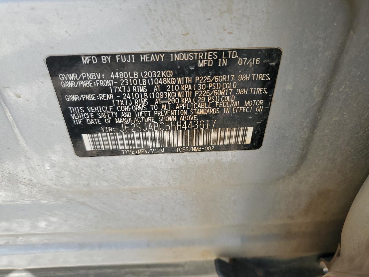 2017 Subaru Forester 2.5I VIN: JF2SJABC5HH443617 Lot: 91091375