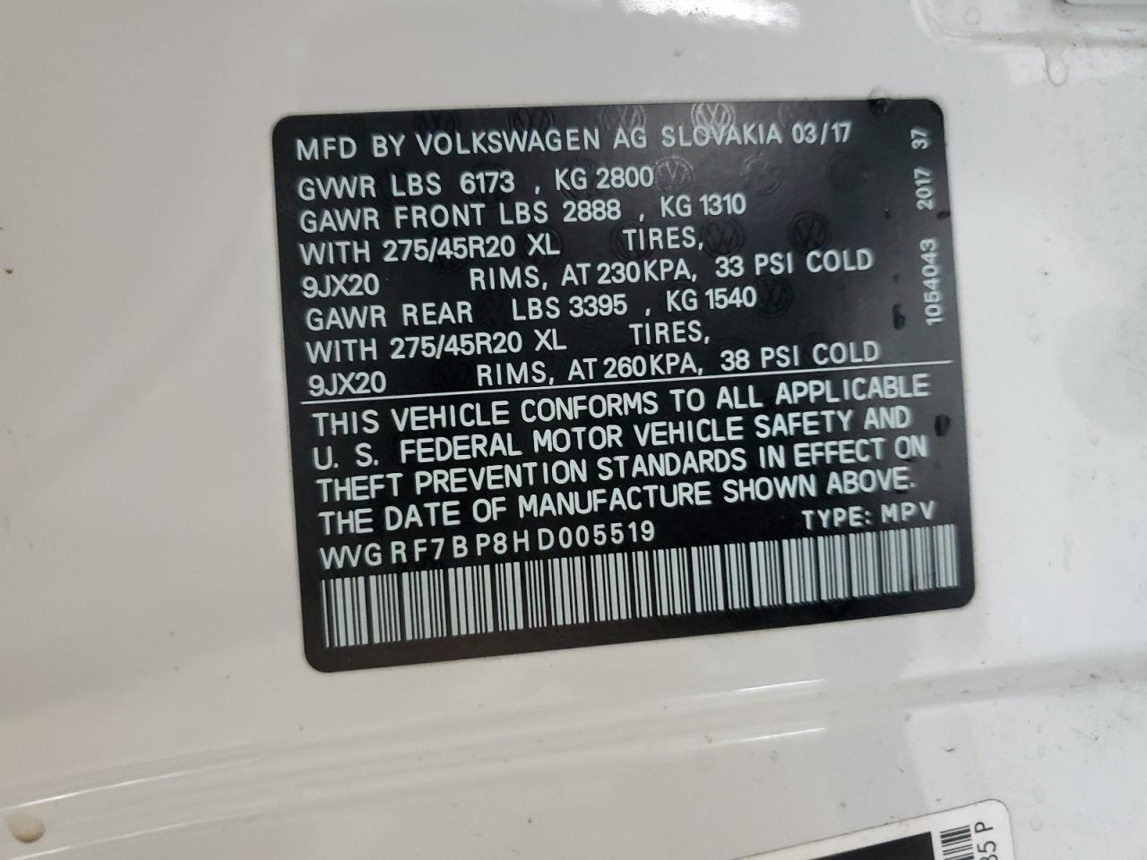 2017 Volkswagen Touareg Wolfsburg VIN: WVGRF7BP8HD005519 Lot: 92195885