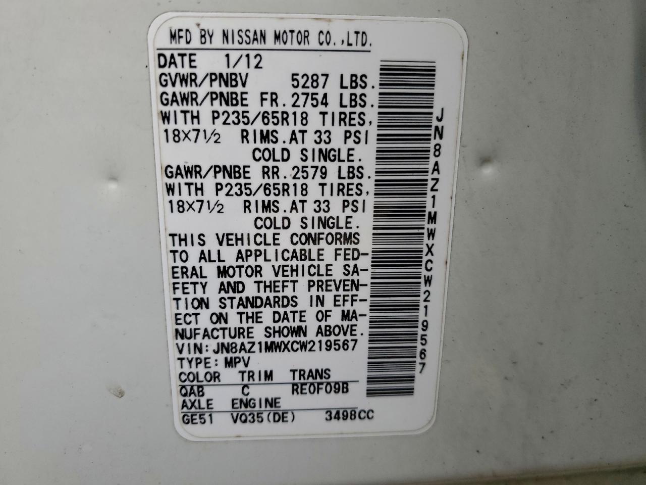 2012 Nissan Murano S VIN: JN8AZ1MWXCW219567 Lot: 94552485