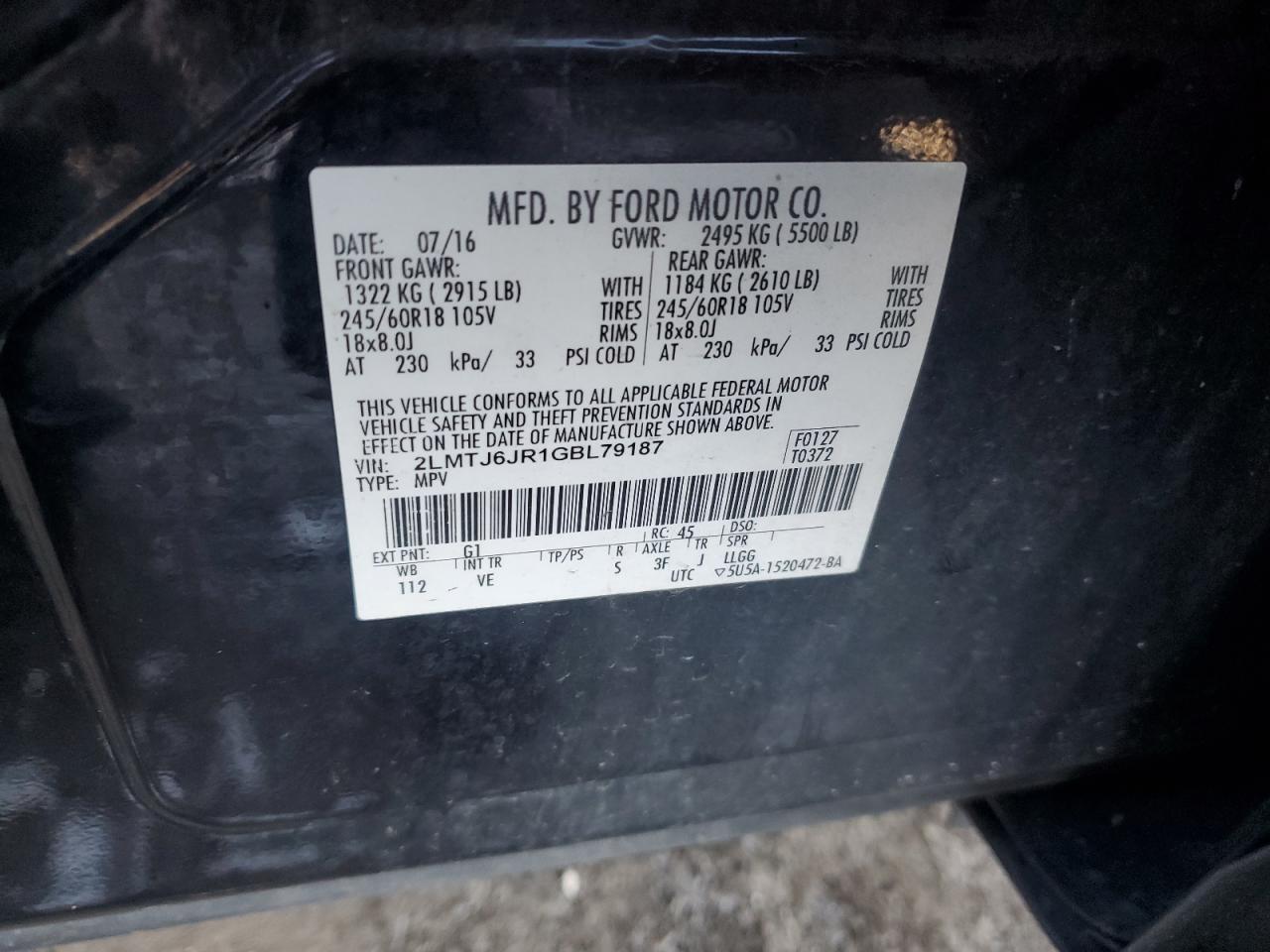 2016 Lincoln Mkx Premiere VIN: 2LMTJ6JR1GBL79187 Lot: 91823215