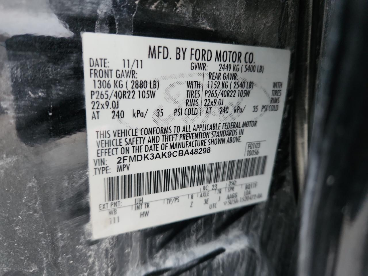 2012 Ford Edge Sport VIN: 2FMDK3AK9CBA48298 Lot: 92499665