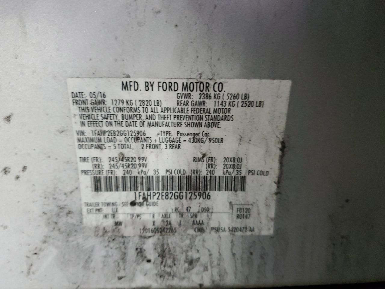 2016 Ford Taurus Sel VIN: 1FAHP2E82GG125906 Lot: 92424135