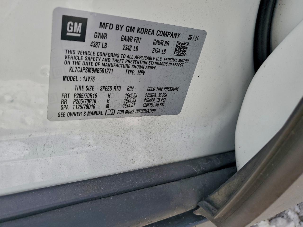 2022 Chevrolet Trax 1Lt VIN: KL7CJPSM9NB501271 Lot: 94390605