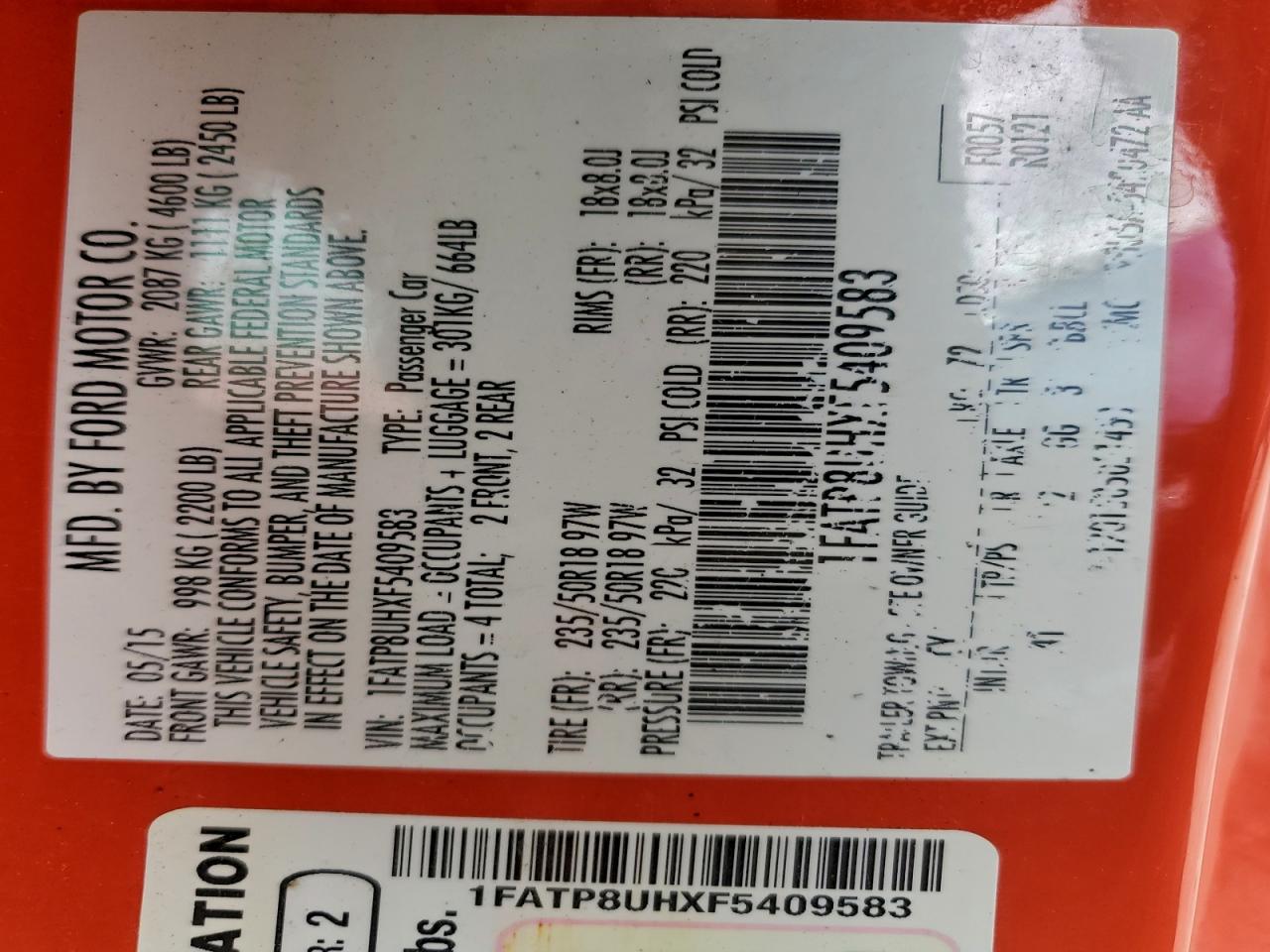 2015 Ford Mustang VIN: 1FATP8UHXF5409583 Lot: 93615695