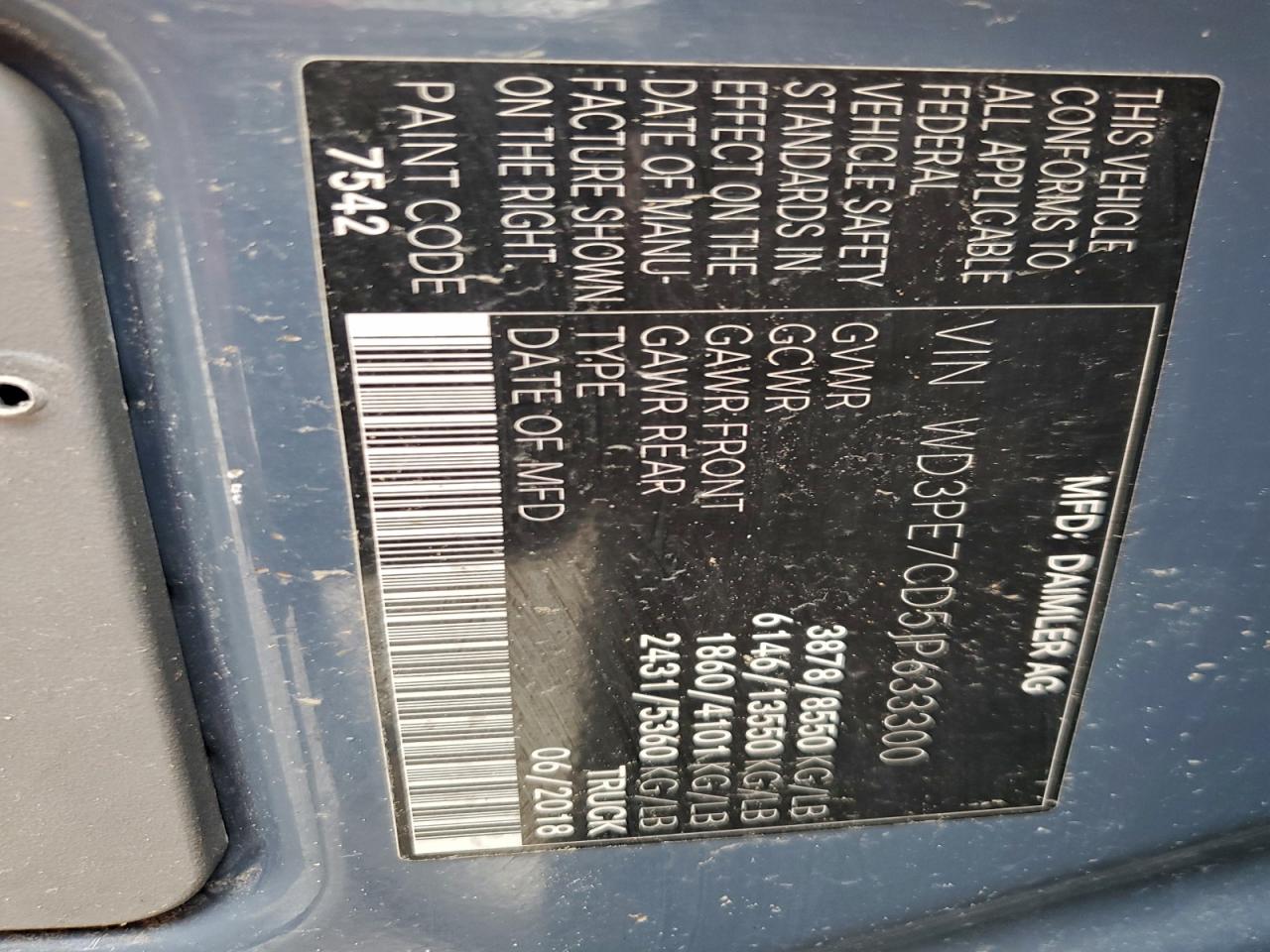 2018 Mercedes-Benz Sprinter 2500 VIN: WD3PE7CD5JP633300 Lot: 93937975