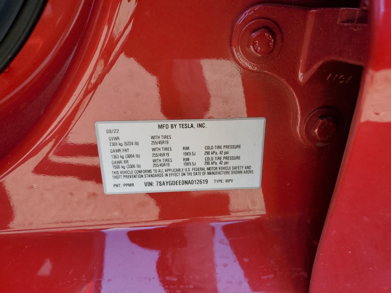 2022 Tesla Model Y VIN: 7SAYGDEE0NA012619 Lot: 91671205