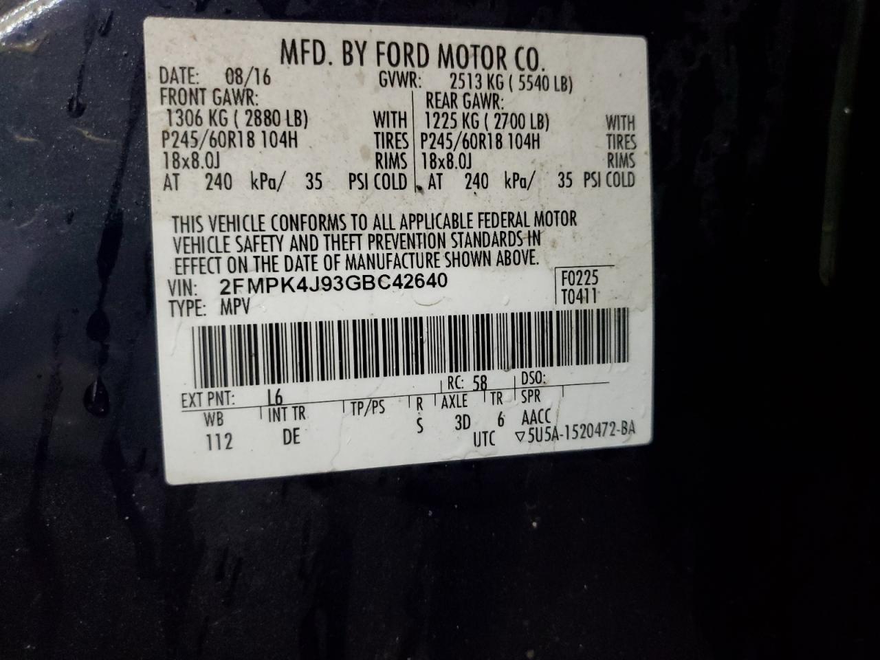 2016 Ford Edge Sel VIN: 2FMPK4J93GBC42640 Lot: 92493925