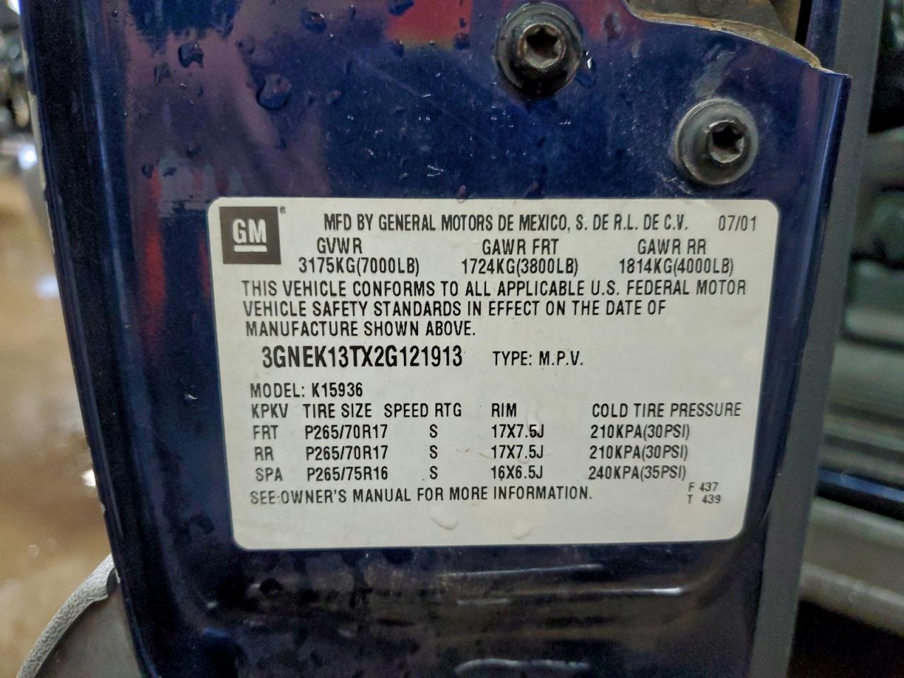 2002 Chevrolet Avalanche K1500 VIN: 3GNEK13TX2G121913 Lot: 93948135
