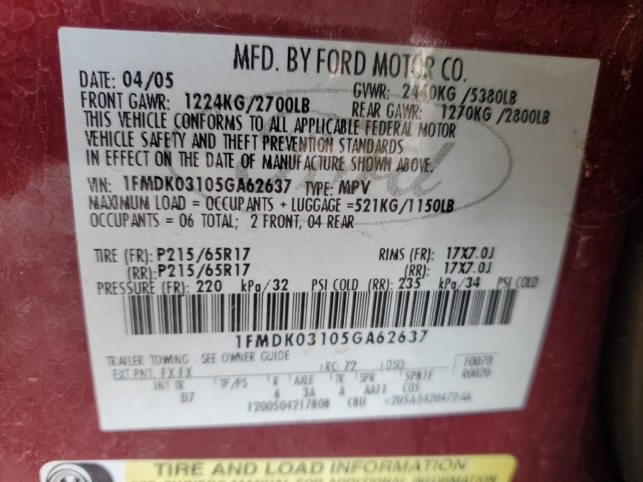 2005 Ford Freestyle Limited VIN: 1FMDK03105GA62637 Lot: 91749245