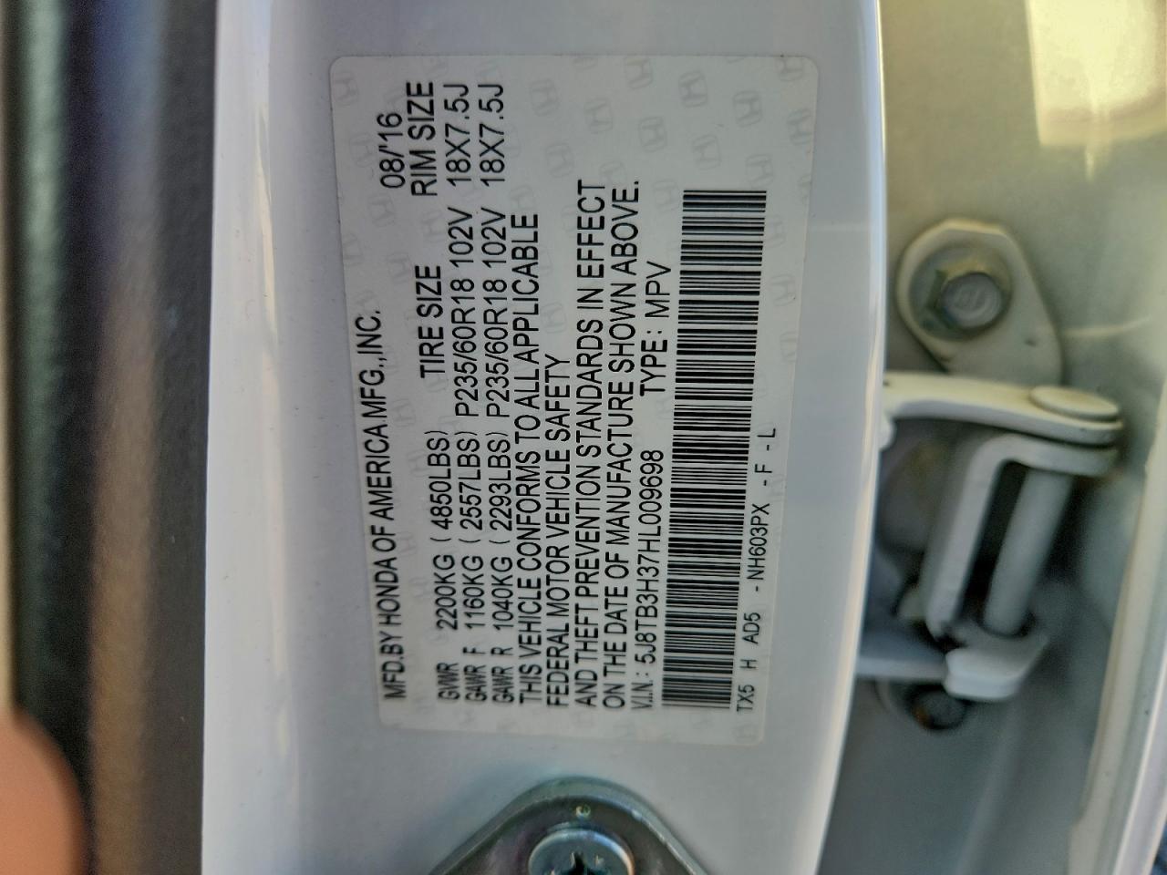 2017 Acura Rdx VIN: 5J8TB3H37HL009698 Lot: 93932205