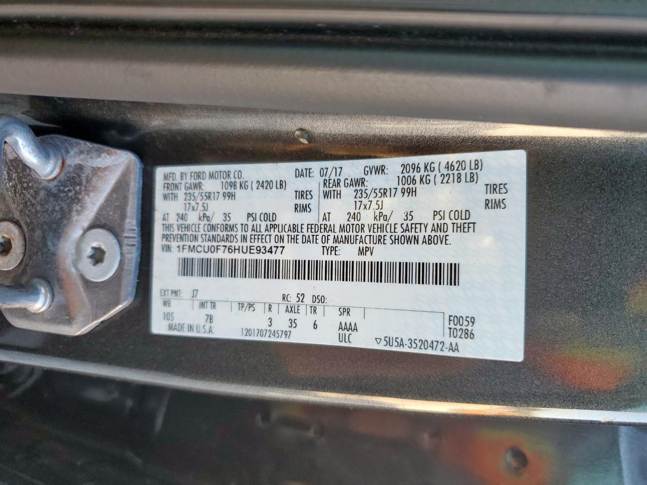 2017 Ford Escape S VIN: 1FMCU0F76HUE93477 Lot: 91080605