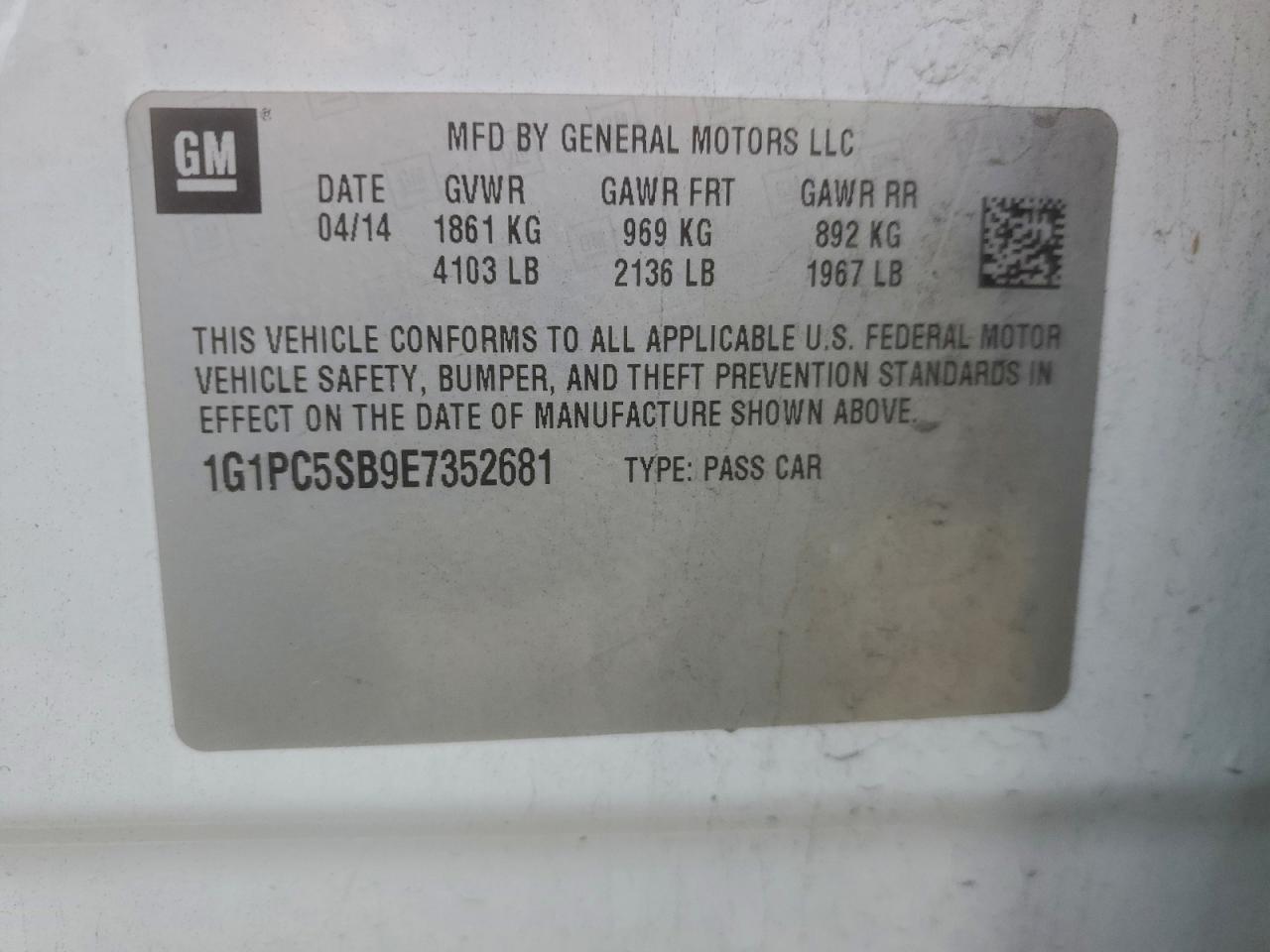 2014 Chevrolet Cruze Lt VIN: 1G1PC5SB9E7352681 Lot: 93636555