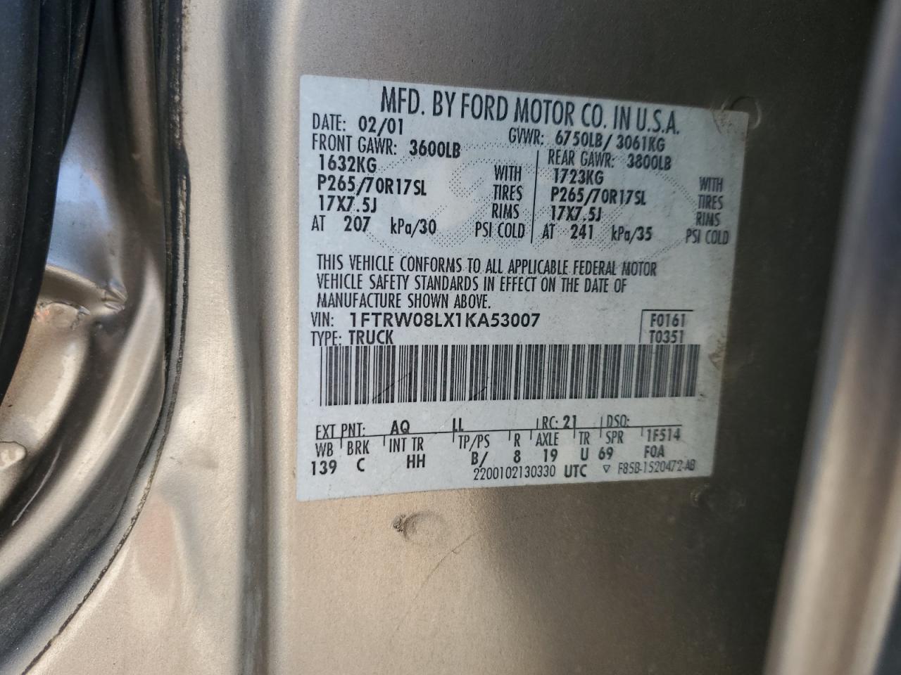 2001 Ford F150 Supercrew VIN: 1FTRW08LX1KA53007 Lot: 93541545
