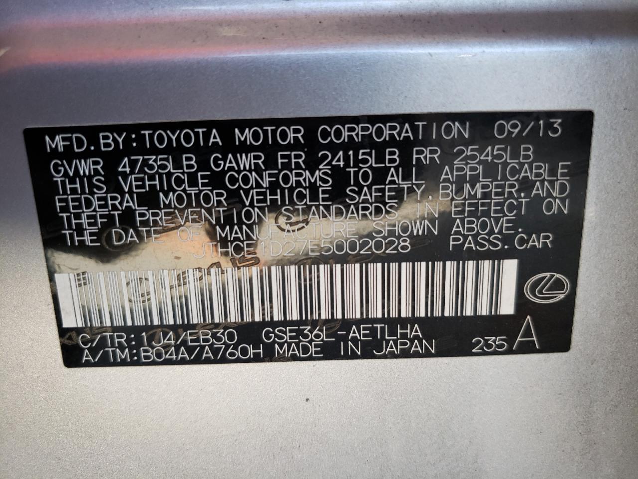 2014 Lexus Is 350 VIN: JTHCE1D27E5002028 Lot: 92853695