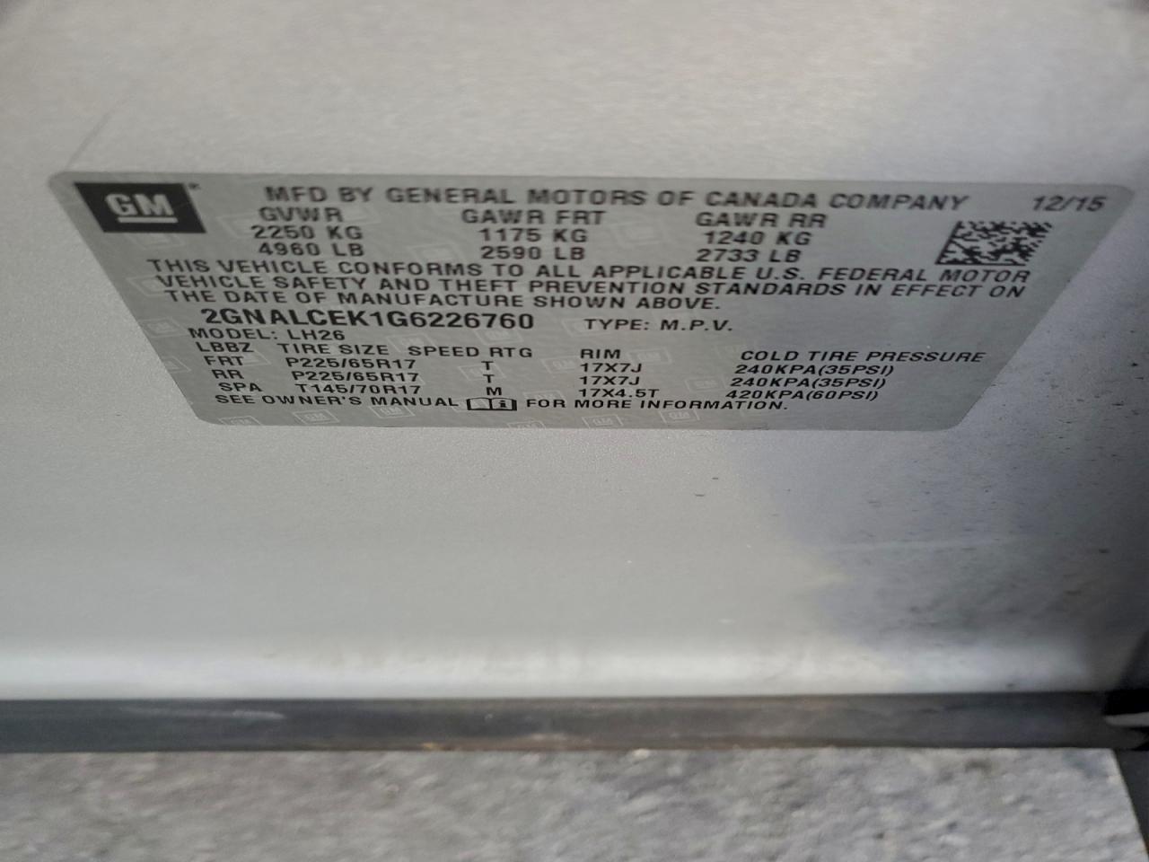 2016 Chevrolet Equinox Lt VIN: 2GNALCEK1G6226760 Lot: 94576085