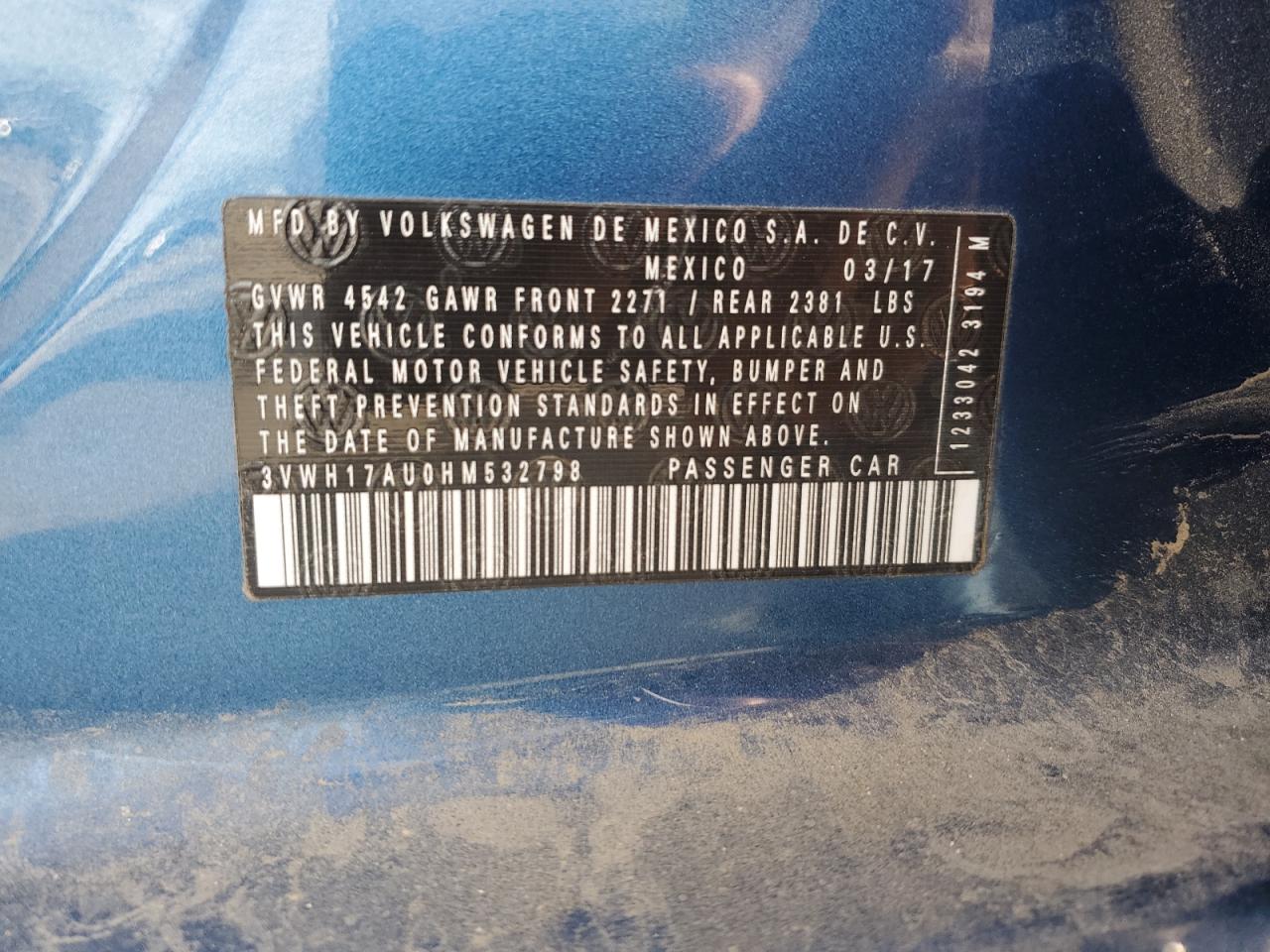 2017 Volkswagen Golf Alltrack S VIN: 3VWH17AU0HM532798 Lot: 91327395