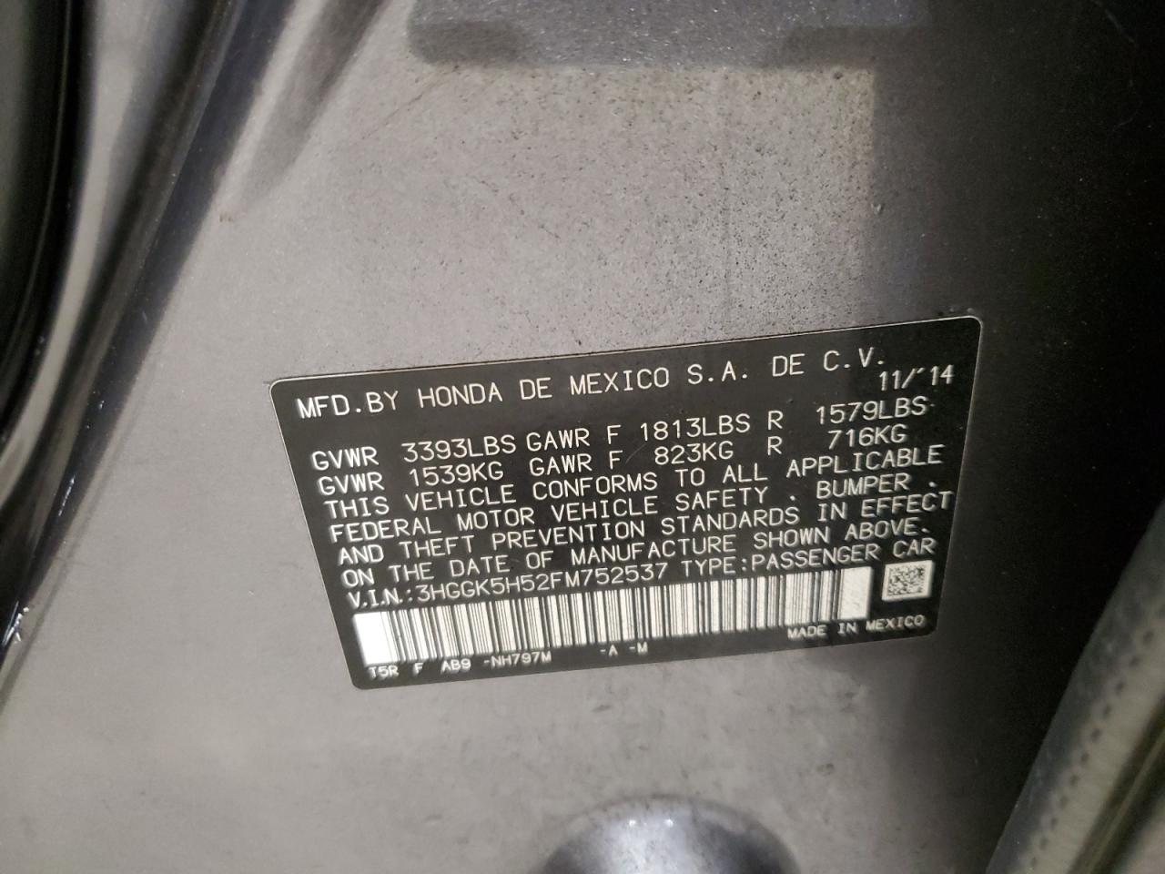 2015 Honda Fit Lx VIN: 3HGGK5H52FM752537 Lot: 93228095