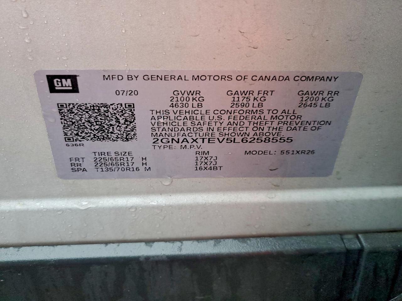 2020 Chevrolet Equinox Lt VIN: 2GNAXTEV5L6258555 Lot: 94160145