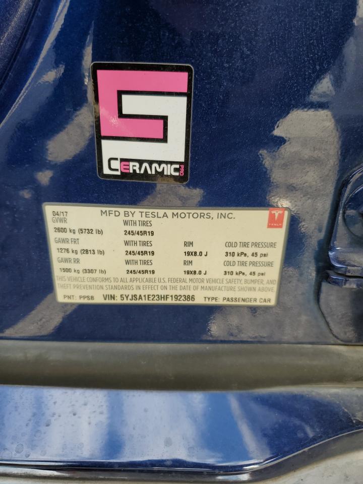 2017 Tesla Model S VIN: 5YJSA1E23HF192386 Lot: 92587185