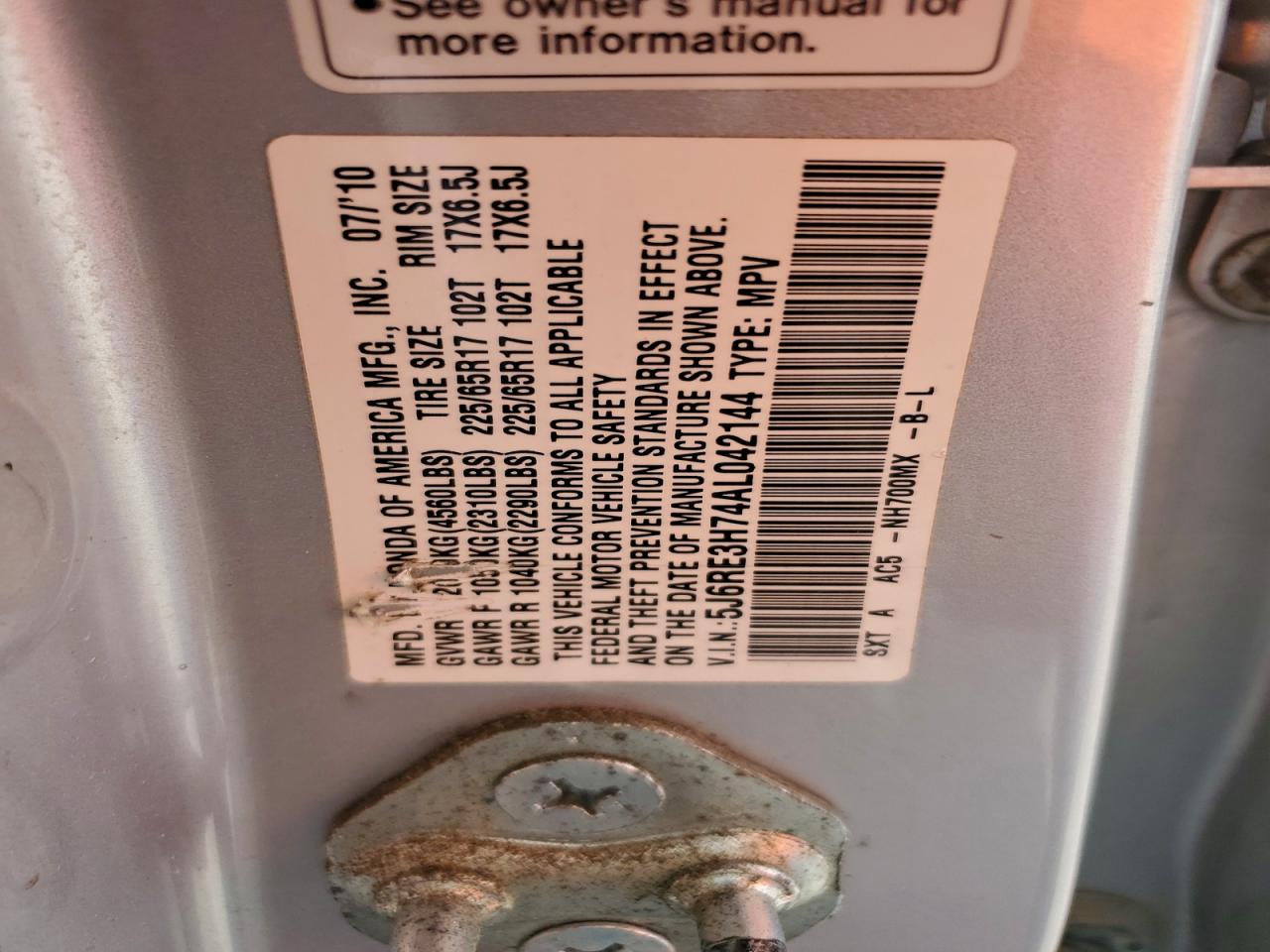 2010 Honda Cr-V Exl VIN: 5J6RE3H74AL042144 Lot: 94151695