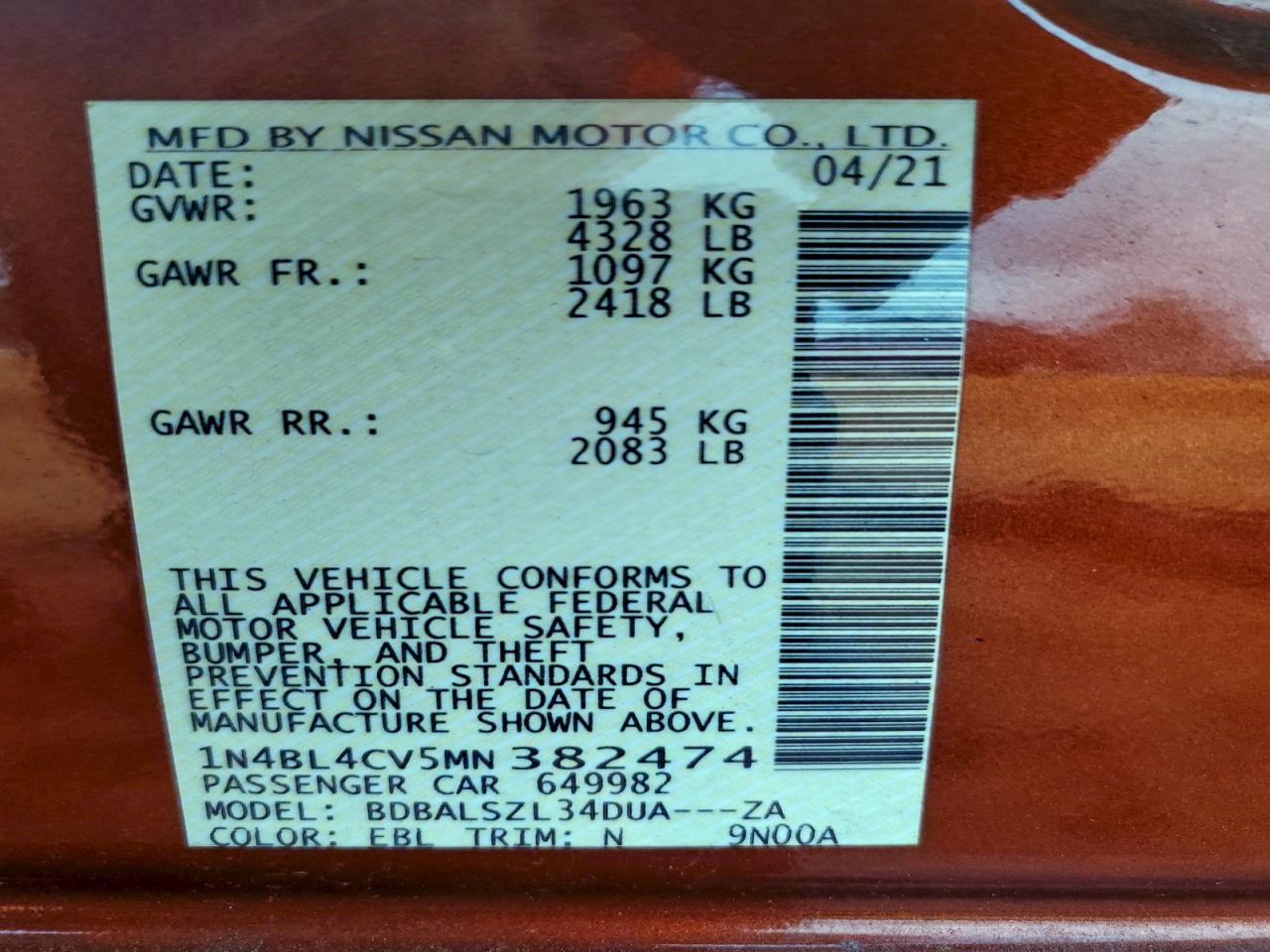 2021 Nissan Altima Sr VIN: 1N4BL4CV5MN382474 Lot: 94148055