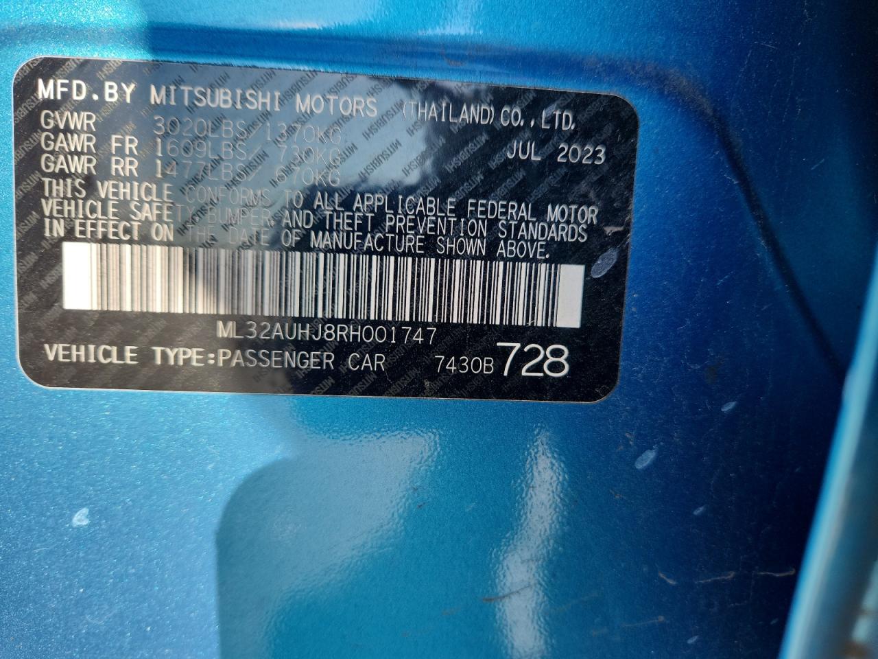 2024 Mitsubishi Mirage Es VIN: ML32AUHJ8RH001747 Lot: 85437465