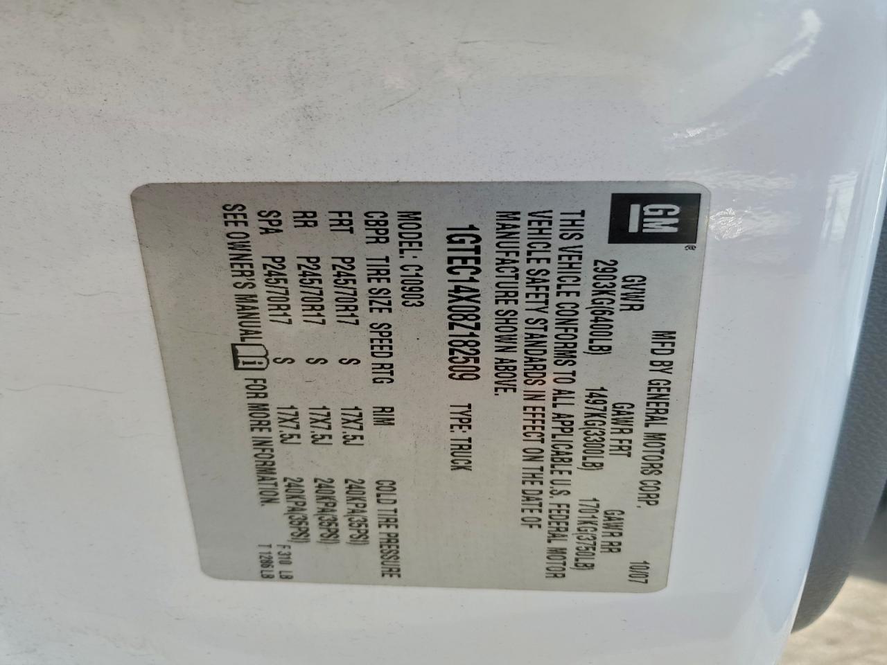 2008 GMC Sierra C1500 VIN: 1GTEC14X08Z182509 Lot: 94487235