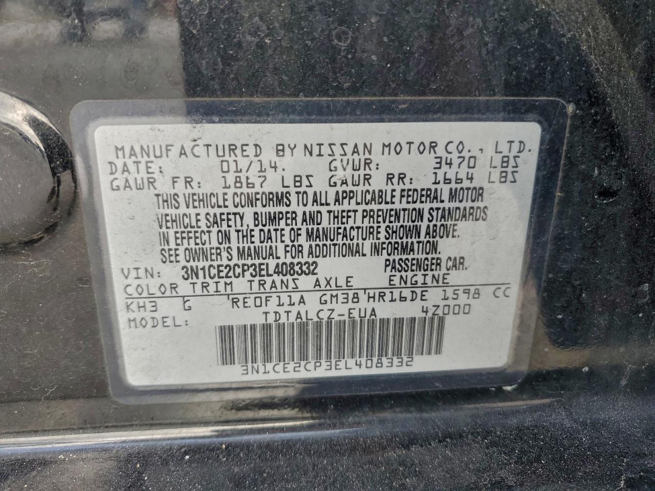 2014 Nissan Versa Note S VIN: 3N1CE2CP3EL408332 Lot: 94254835