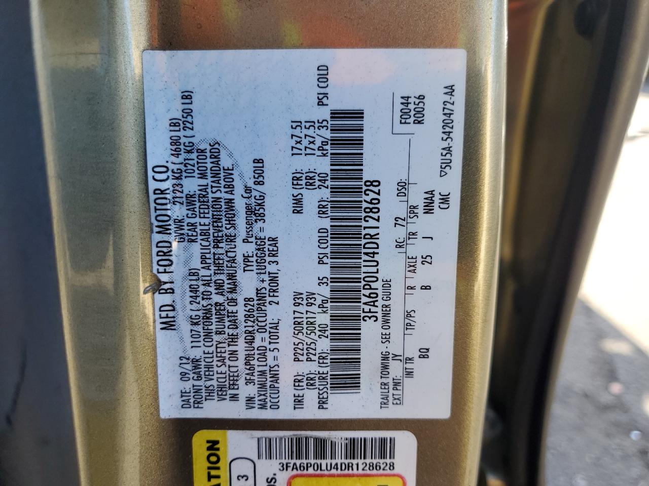 2013 Ford Fusion Se Hybrid VIN: 3FA6P0LU4DR128628 Lot: 91868485