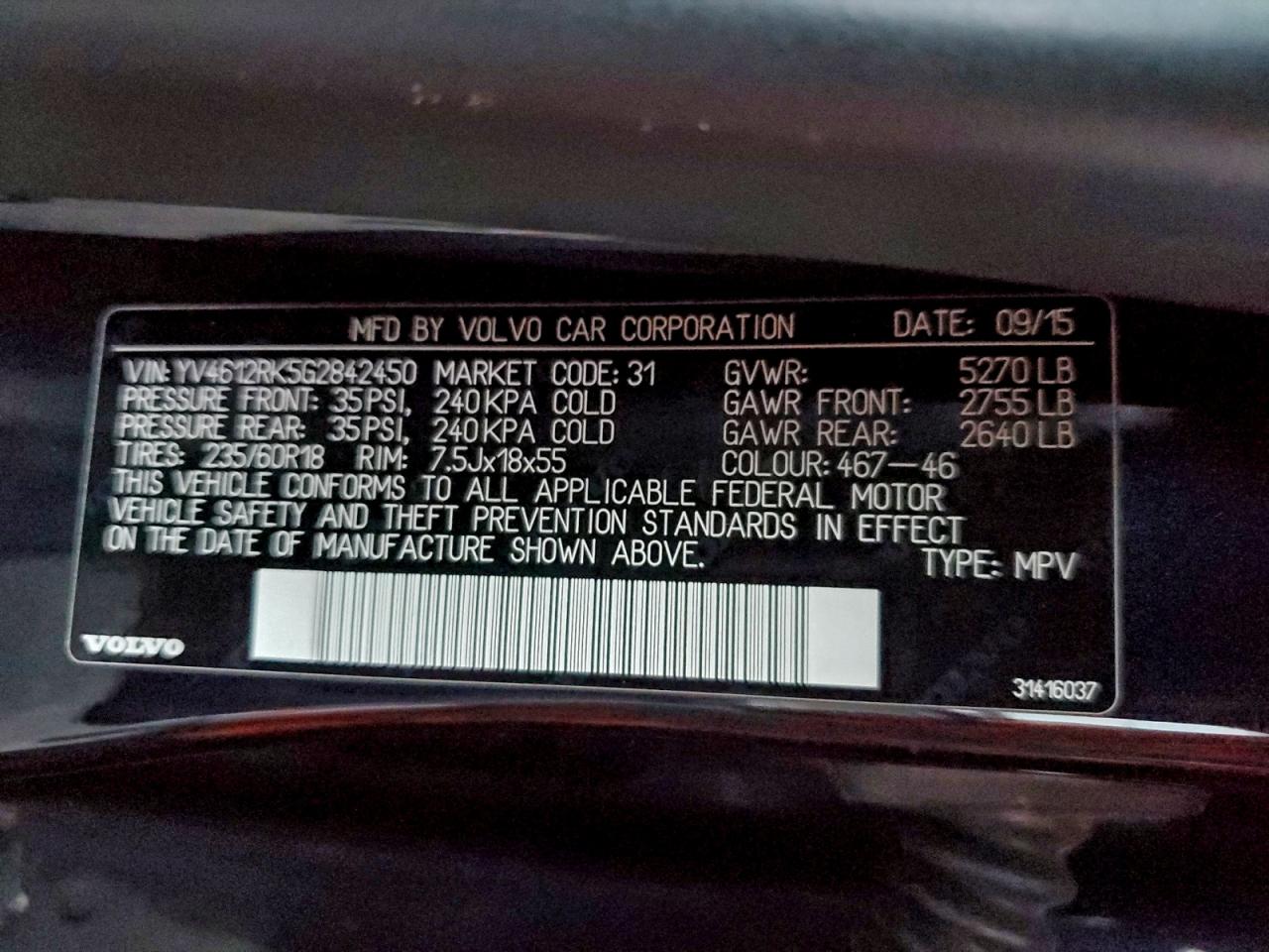 2016 Volvo Xc60 T5 Premier VIN: YV4612RK5G2842450 Lot: 94962445