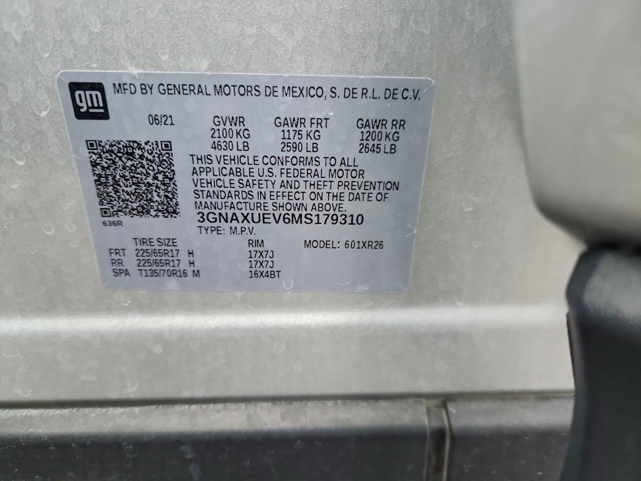 2021 Chevrolet Equinox Lt VIN: 3GNAXUEV6MS179310 Lot: 94105845