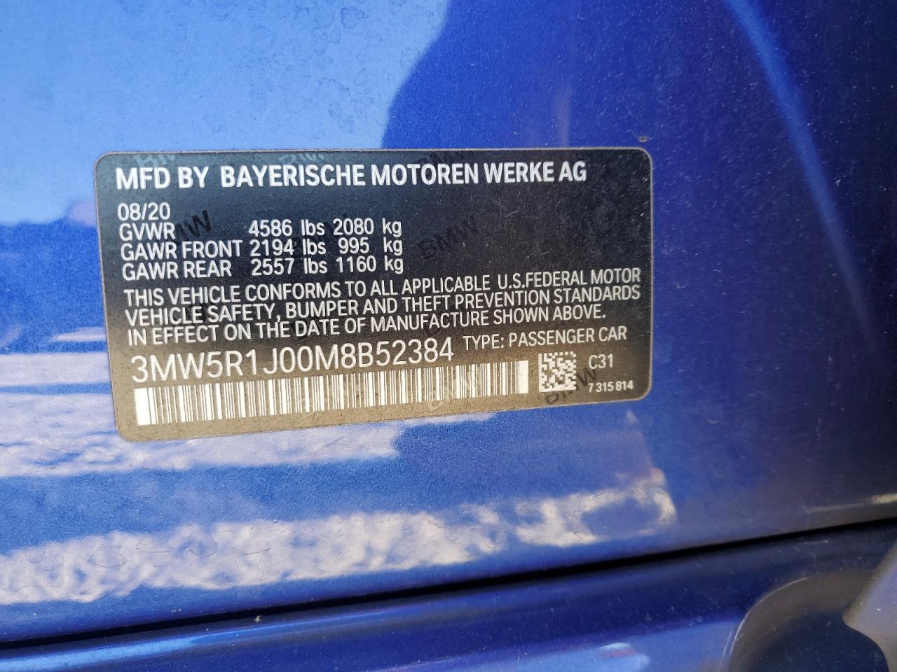 2021 BMW 330I VIN: 3MW5R1J00M8B52384 Lot: 92569695