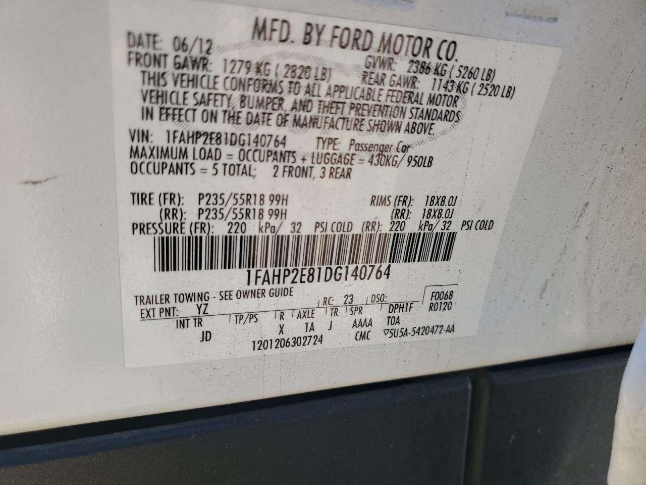 2013 Ford Taurus Sel VIN: 1FAHP2E81DG140764 Lot: 91322385