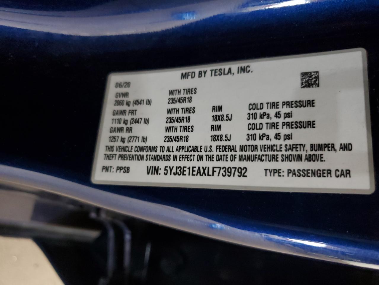 2020 Tesla Model 3 VIN: 5YJ3E1EAXLF739792 Lot: 93519925