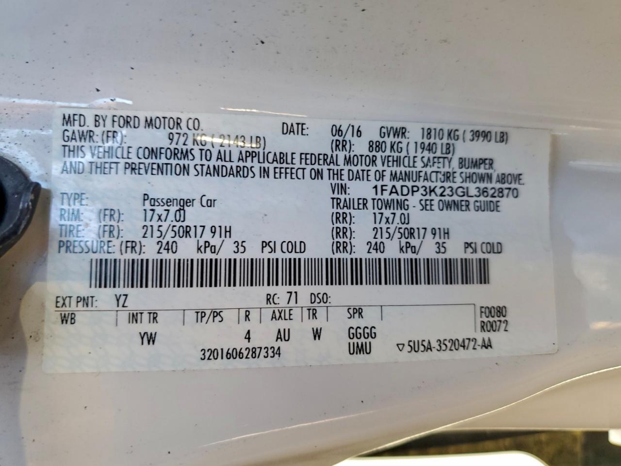 2016 Ford Focus Se VIN: 1FADP3K23GL362870 Lot: 93902355