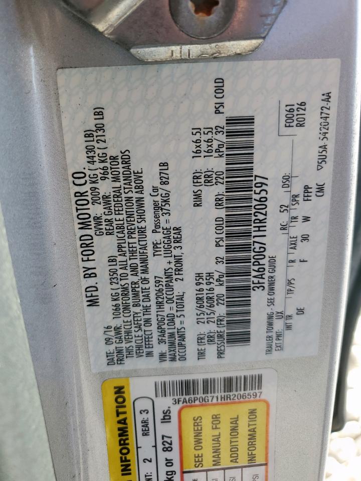 2017 Ford Fusion S VIN: 3FA6P0G71HR206597 Lot: 92365165