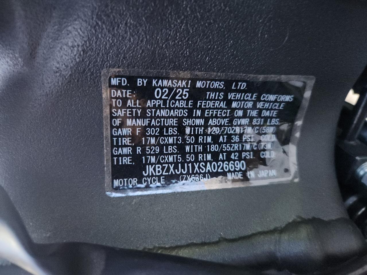 2025 Kawasaki Zx636 K VIN: JKBZXJJ1XSA026690 Lot: 93090305