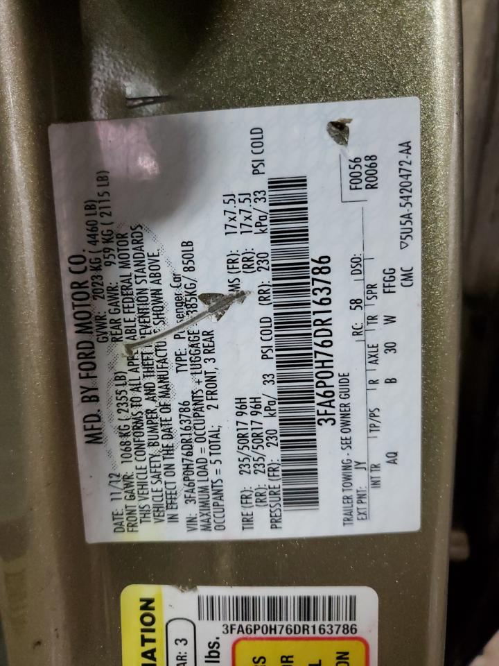 2013 Ford Fusion Se VIN: 3FA6P0H76DR163786 Lot: 92688215