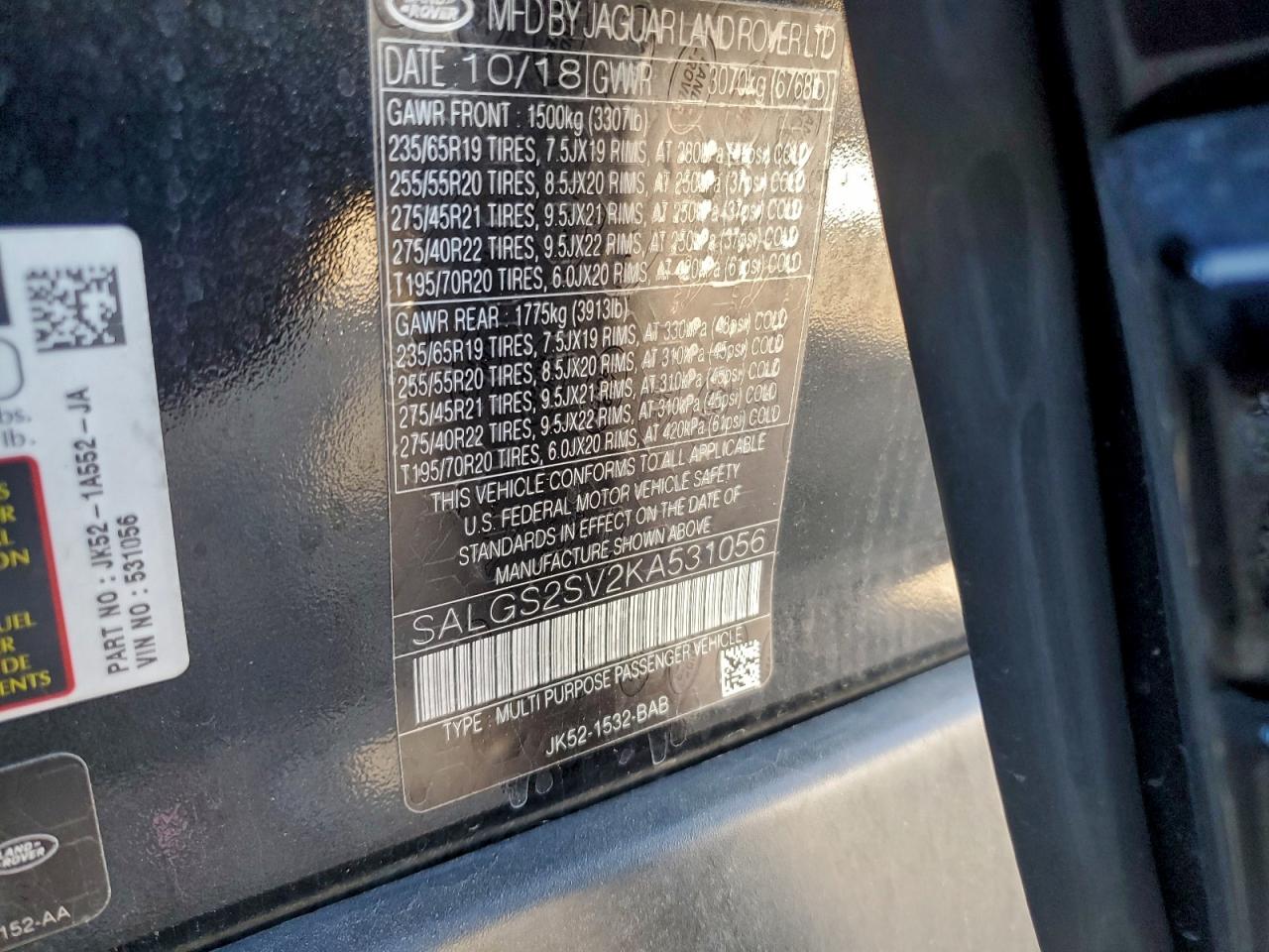 2019 Land Rover Range Rover Hse VIN: SALGS2SV2KA531056 Lot: 92751555