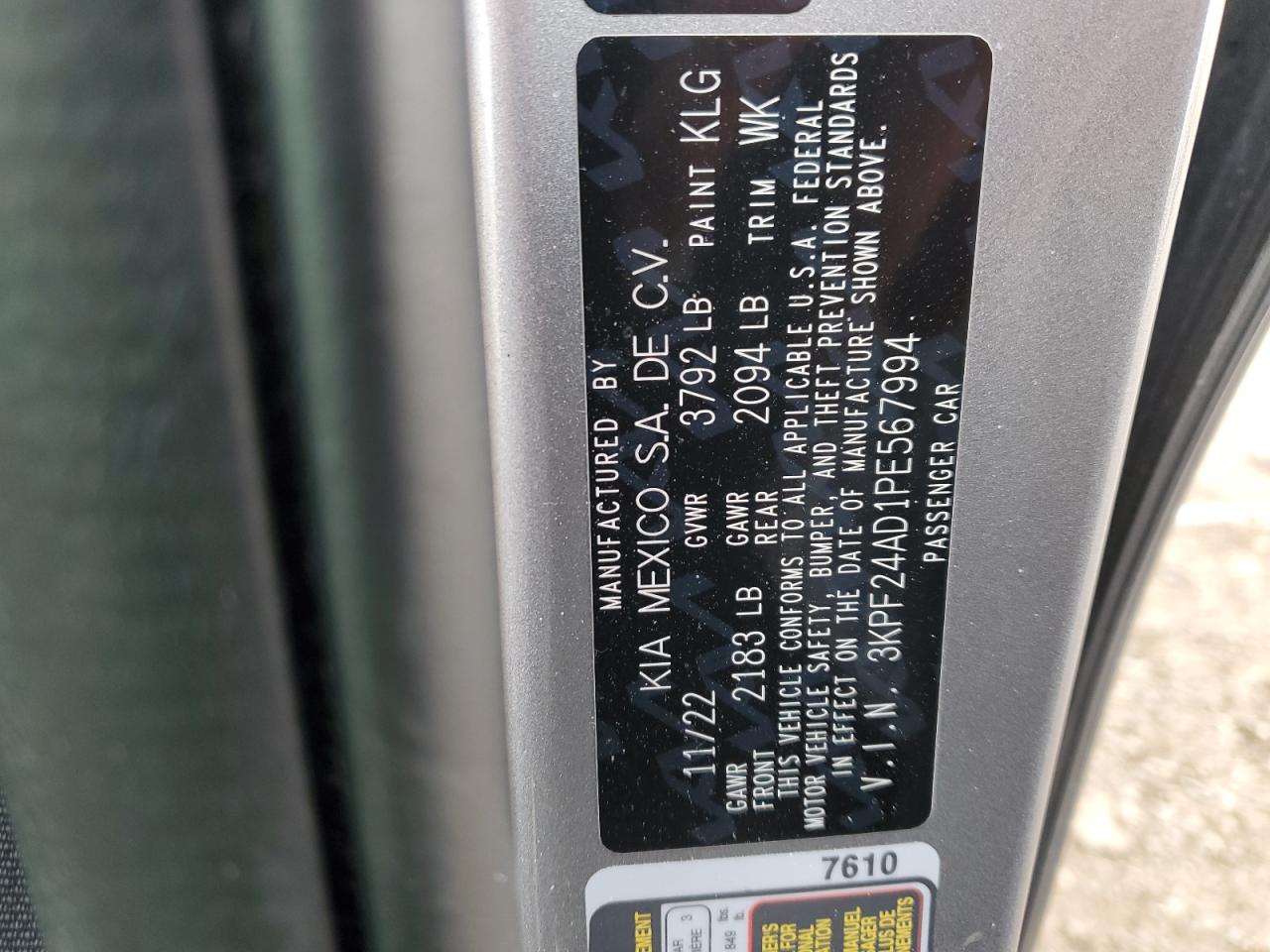 2023 Kia Forte Lx VIN: 3KPF24AD1PE567994 Lot: 92538255