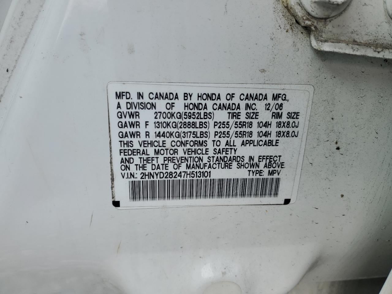 2007 Acura Mdx VIN: 2HNYD28247H513101 Lot: 92525615