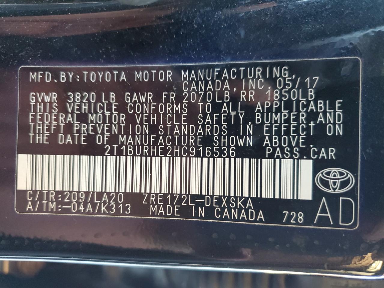 2017 Toyota Corolla L VIN: 2T1BURHE2HC916536 Lot: 93555665