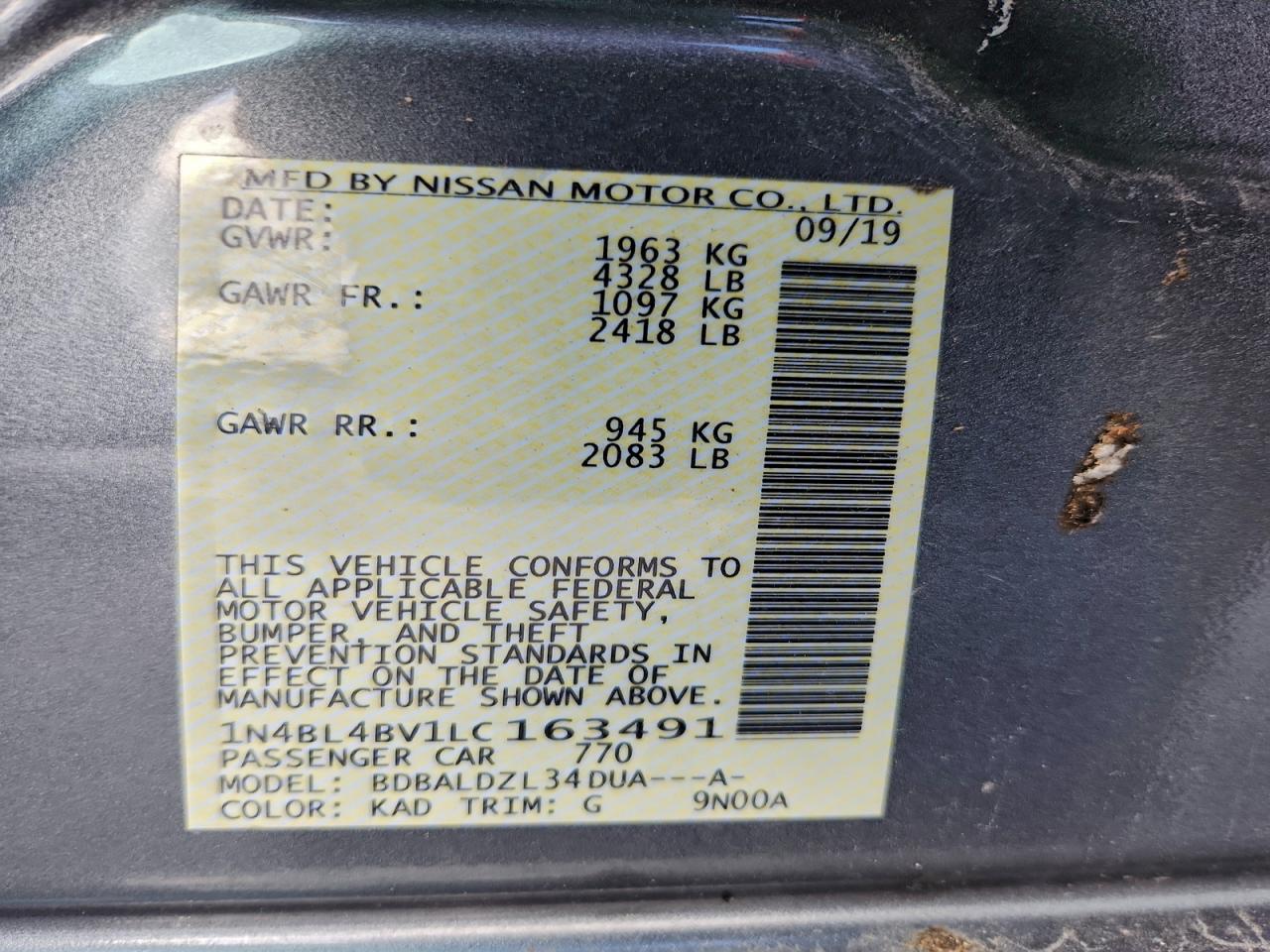 2020 Nissan Altima S VIN: 1N4BL4BV1LC163491 Lot: 94633975