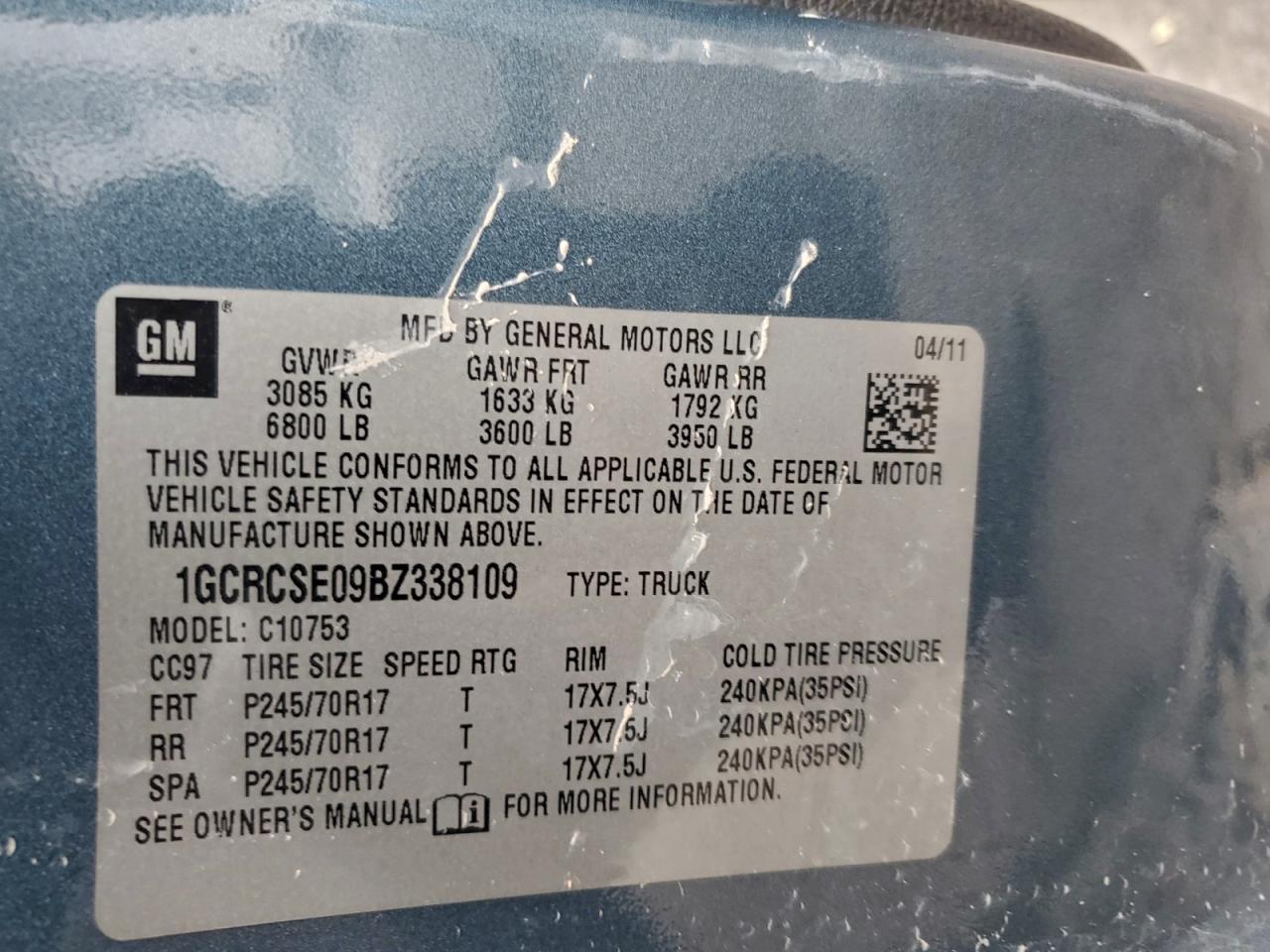 2011 Chevrolet Silverado C1500 Lt VIN: 1GCRCSE09BZ338109 Lot: 93714295