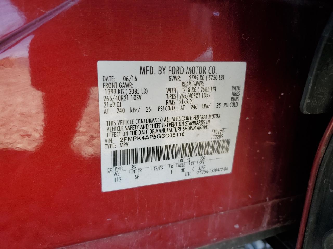 2016 Ford Edge Sport VIN: 2FMPK4AP5GBC05118 Lot: 91074985