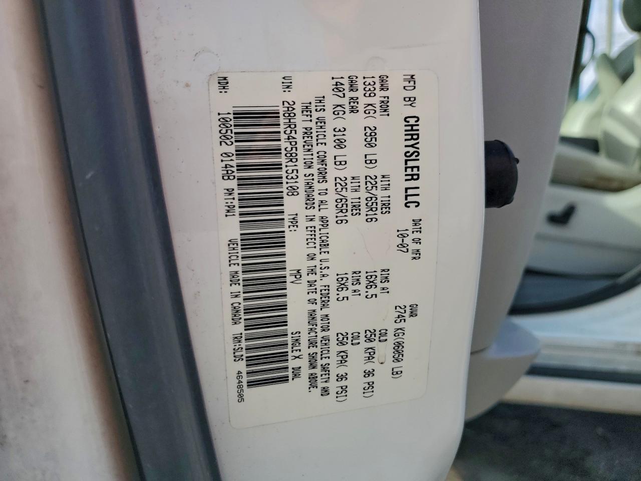 2008 Chrysler Town & Country Touring VIN: 2A8HR54P58R153108 Lot: 94550015