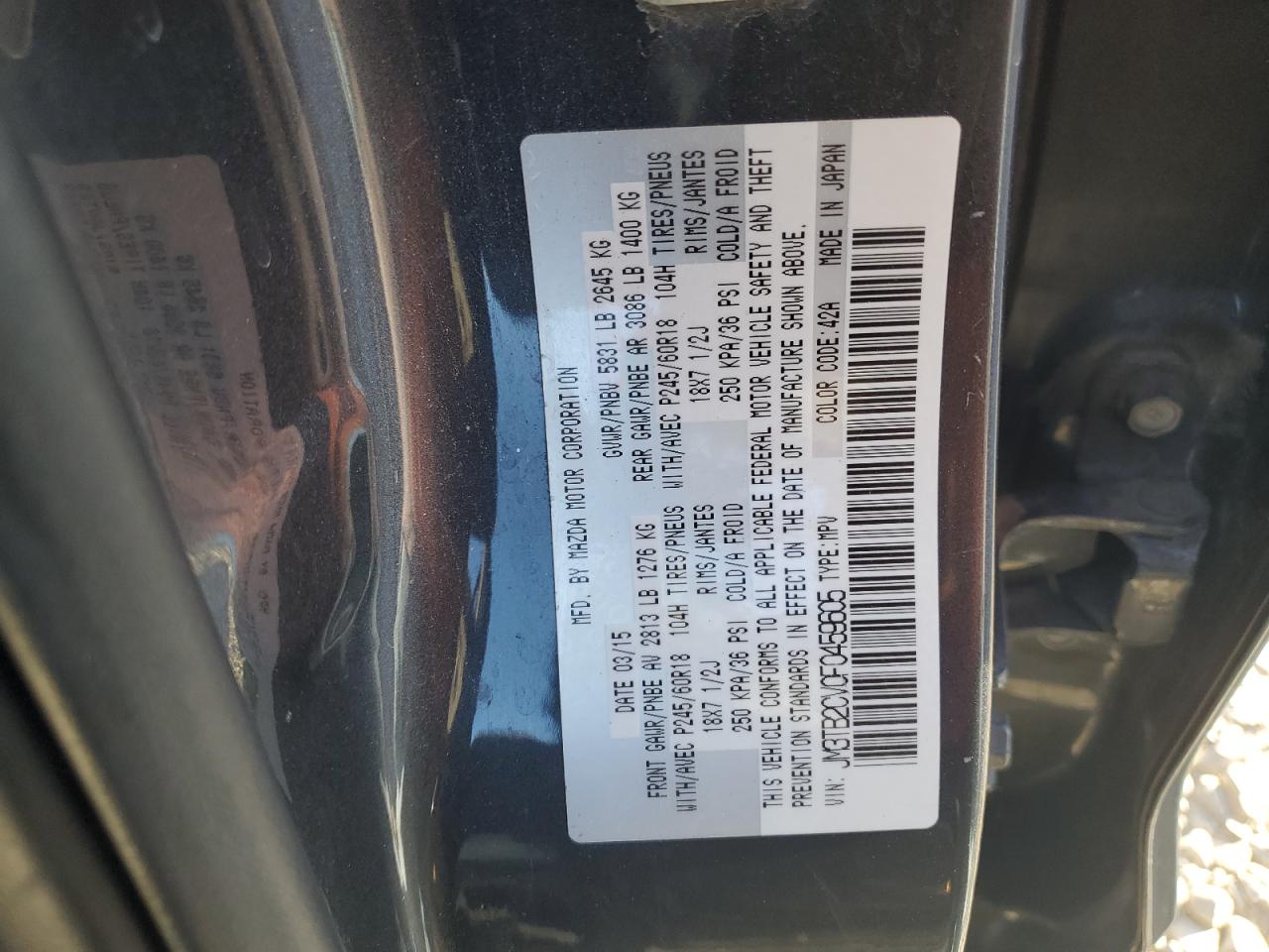 2015 Mazda Cx-9 Touring VIN: JM3TB2CV0F0459605 Lot: 92718085